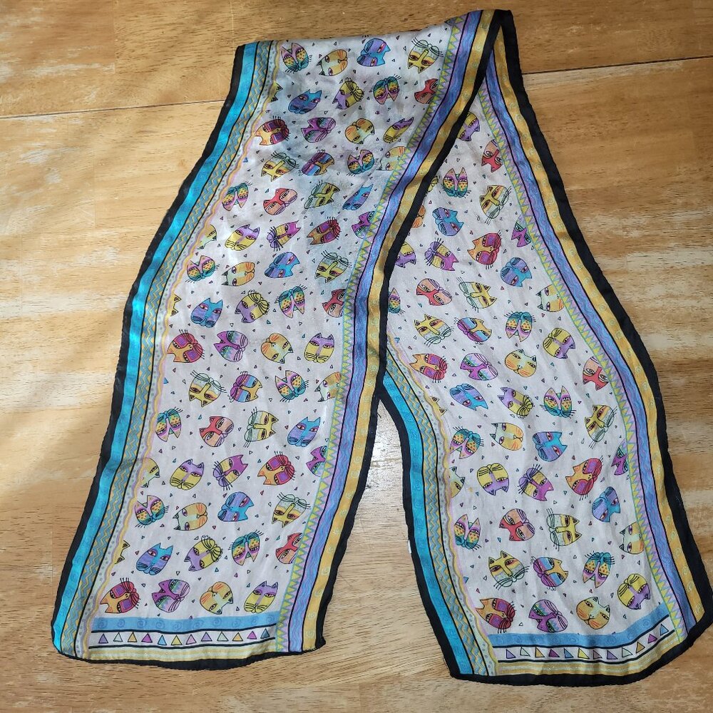 Vintage Laurel Burch Silk Scarf Wrap 10x50" Colorful Blue Purple Yellow Cats - Picture 2 of 8